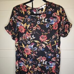 DR2 By Daniel Rainn Black Floral Blouse with Red and Yellow Accents